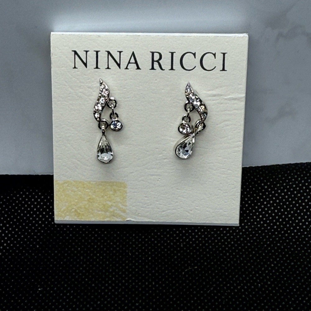 Vintage Nina Ricci Swarovski Crystal Teardrop Rhodium 22k Gold Plated Earrings - Picture 3 of 6